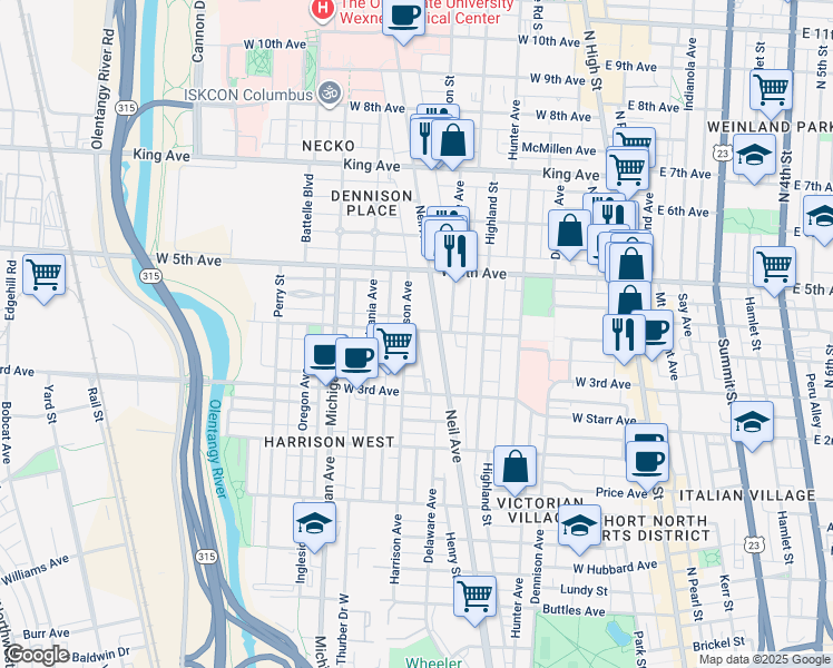 map of restaurants, bars, coffee shops, grocery stores, and more near 1175 Neil Avenue in Columbus