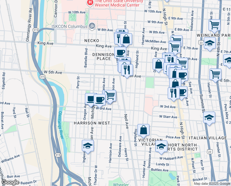 map of restaurants, bars, coffee shops, grocery stores, and more near 1175 Neil Avenue in Columbus