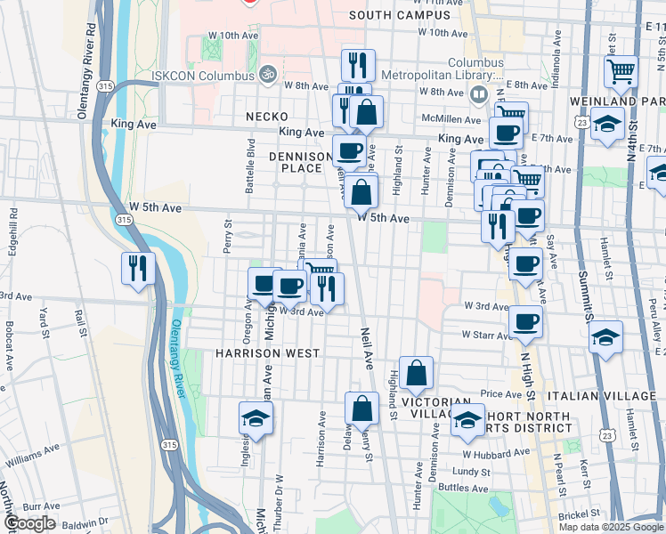 map of restaurants, bars, coffee shops, grocery stores, and more near 339 West 4th Avenue in Columbus