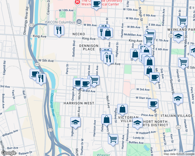 map of restaurants, bars, coffee shops, grocery stores, and more near 339 West 4th Avenue in Columbus