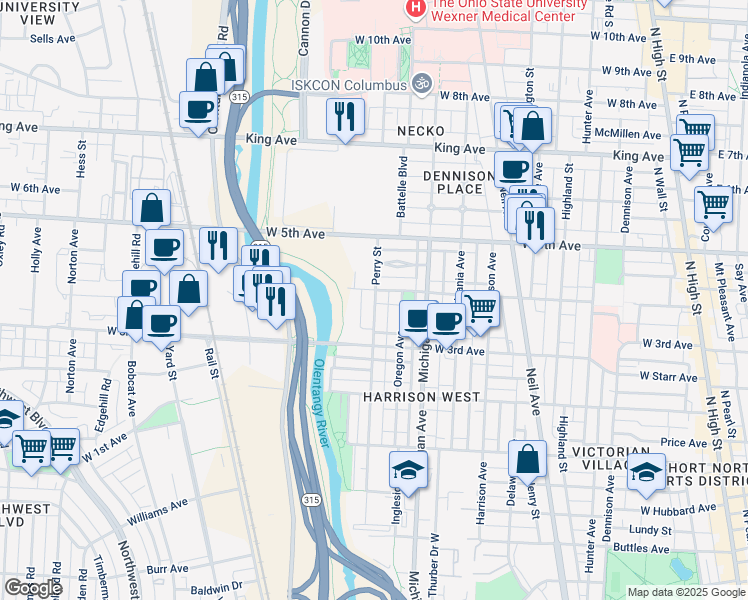 map of restaurants, bars, coffee shops, grocery stores, and more near 495 West 4th Avenue in Columbus