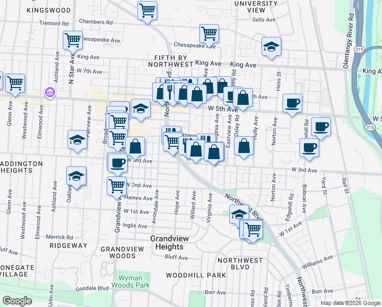 map of restaurants, bars, coffee shops, grocery stores, and more near 1248 West 3rd Avenue in Columbus