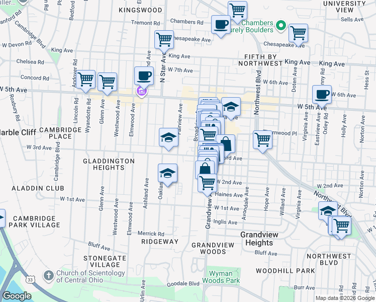 map of restaurants, bars, coffee shops, grocery stores, and more near 1558 West 3rd Avenue in Columbus