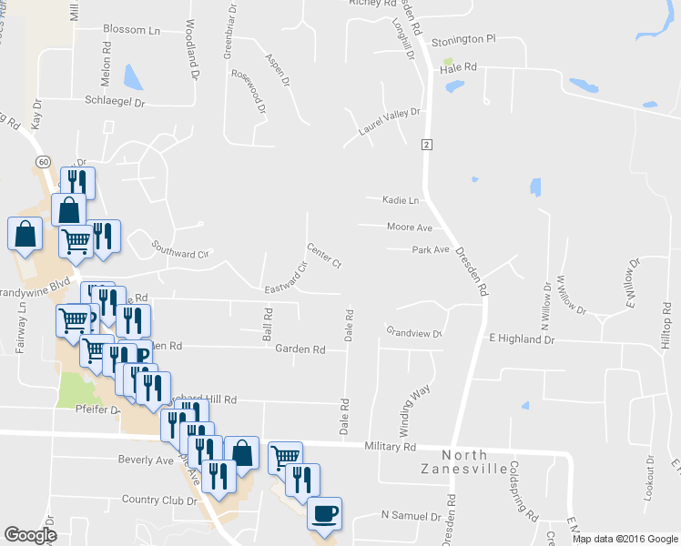 map of restaurants, bars, coffee shops, grocery stores, and more near 900 Center Court in Zanesville