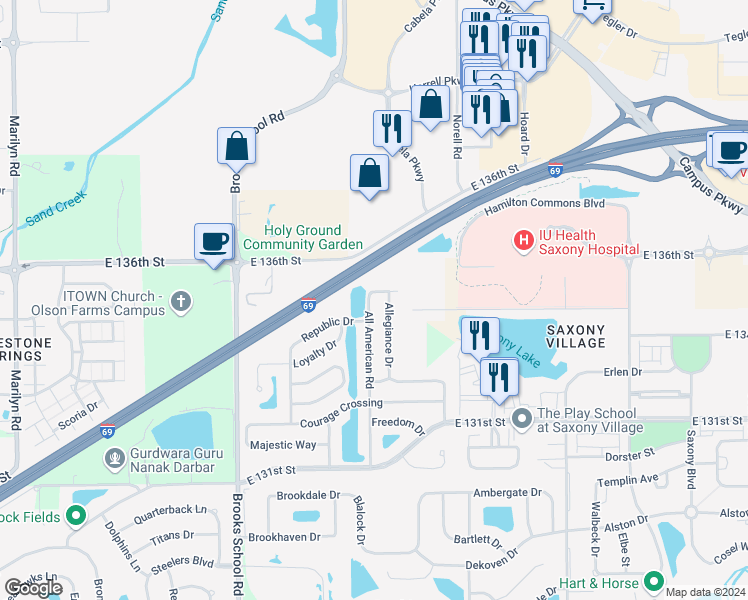 map of restaurants, bars, coffee shops, grocery stores, and more near 13495 All American Road in Fishers