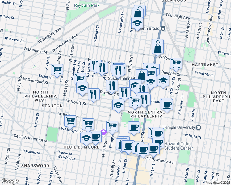 map of restaurants, bars, coffee shops, grocery stores, and more near 1641 West Diamond street in Philadelphia
