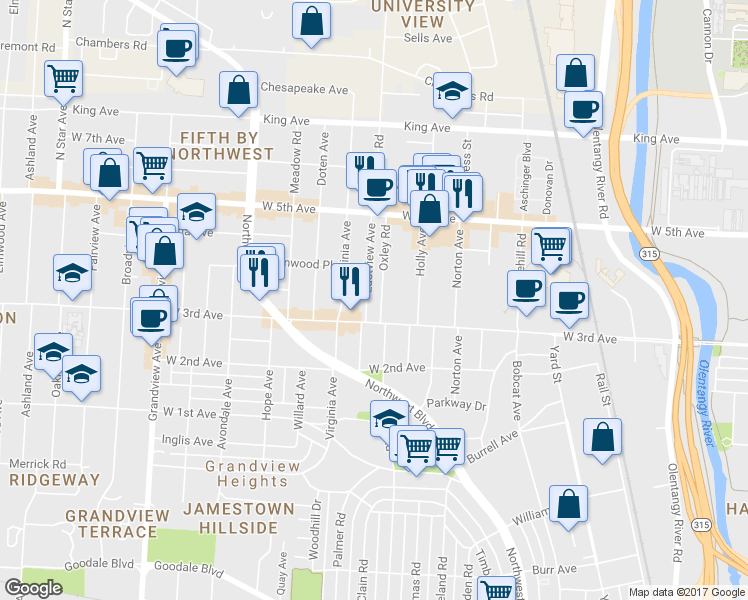 map of restaurants, bars, coffee shops, grocery stores, and more near 1306 Eastview Avenue in Columbus