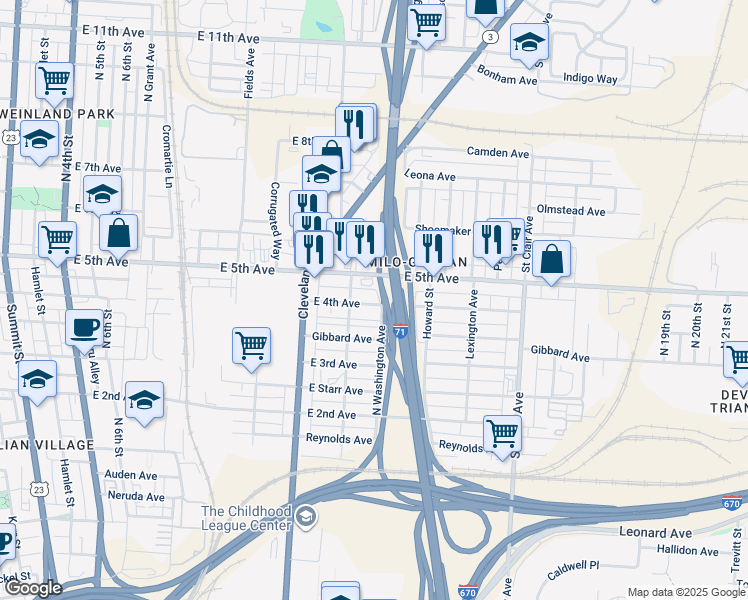 map of restaurants, bars, coffee shops, grocery stores, and more near 696 East 4th Avenue in Columbus
