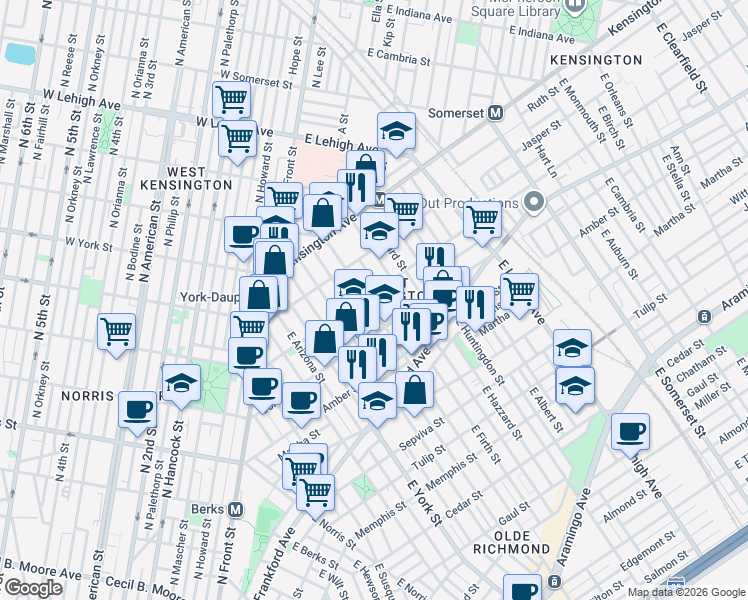 map of restaurants, bars, coffee shops, grocery stores, and more near 2007 East Cumberland Street in Philadelphia