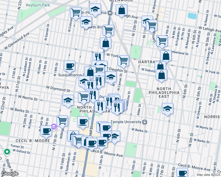 map of restaurants, bars, coffee shops, grocery stores, and more near 2151 North 13th Street in Philadelphia