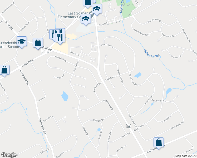 map of restaurants, bars, coffee shops, grocery stores, and more near 603 Marydell Drive in West Chester