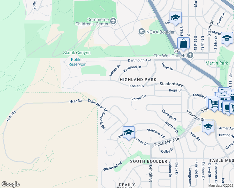 map of restaurants, bars, coffee shops, grocery stores, and more near 2065 Vassar Drive in Boulder