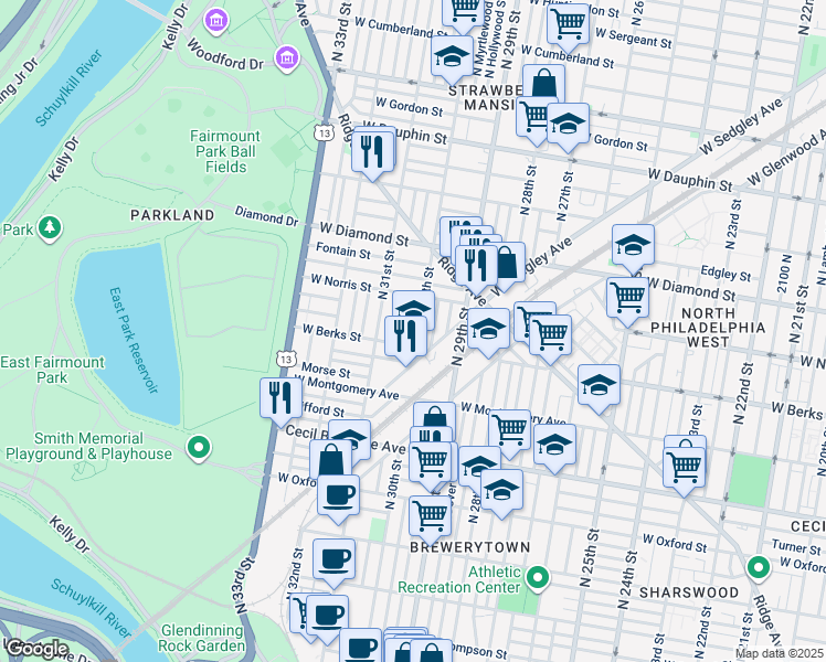 map of restaurants, bars, coffee shops, grocery stores, and more near 1924 North 30th Street in Philadelphia