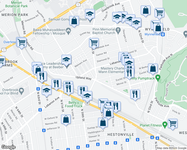 map of restaurants, bars, coffee shops, grocery stores, and more near 5666 Arlington Street in Philadelphia