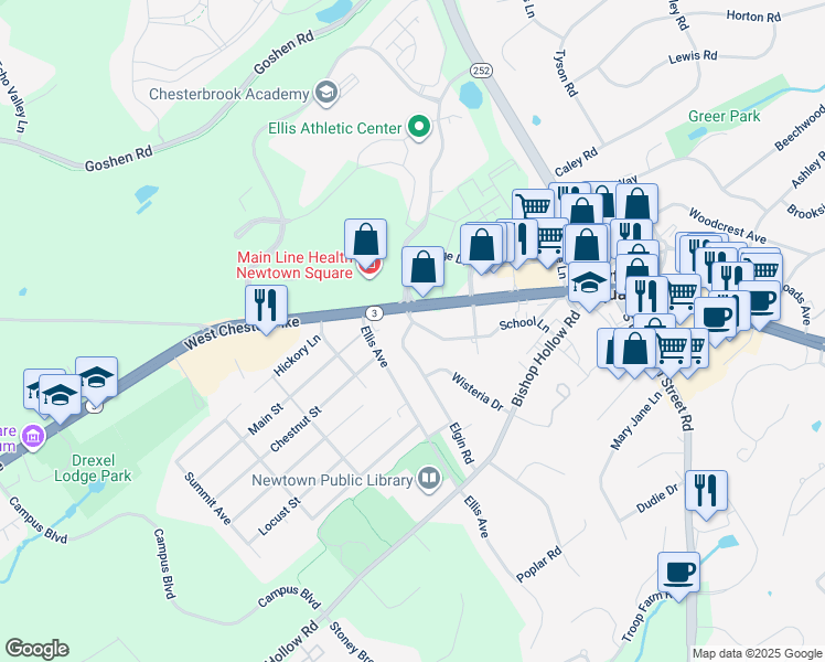 map of restaurants, bars, coffee shops, grocery stores, and more near 3768 School Lane in Newtown Square