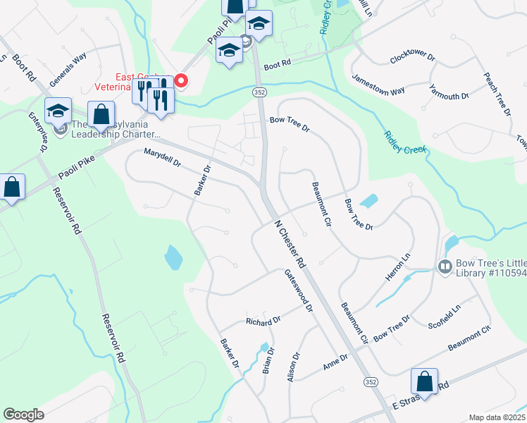 map of restaurants, bars, coffee shops, grocery stores, and more near 603 Marydell Drive in West Chester