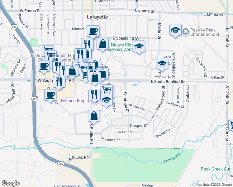 map of restaurants, bars, coffee shops, grocery stores, and more near 1334 Lander Lane in Lafayette