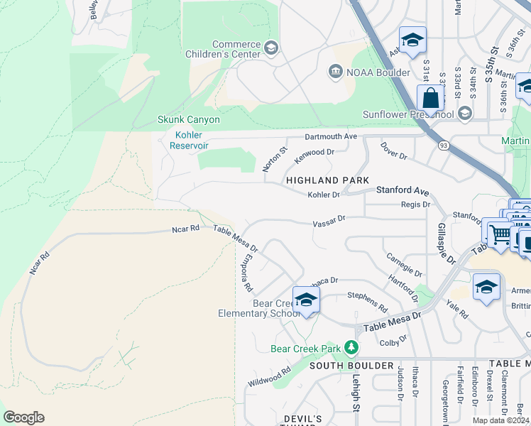 map of restaurants, bars, coffee shops, grocery stores, and more near 2065 Vassar Drive in Boulder