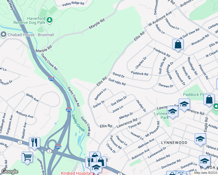 map of restaurants, bars, coffee shops, grocery stores, and more near 50 Barbara Lane in Havertown