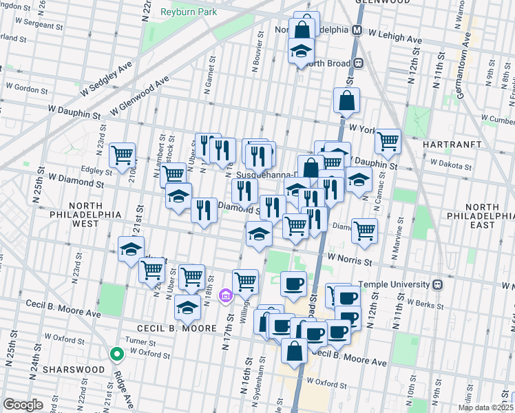 map of restaurants, bars, coffee shops, grocery stores, and more near in Philadelphia