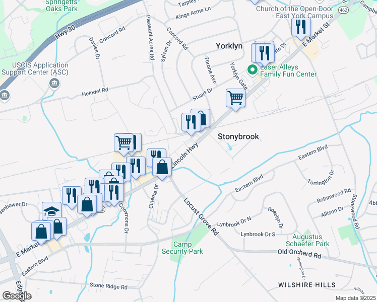 map of restaurants, bars, coffee shops, grocery stores, and more near East Market Street in York County