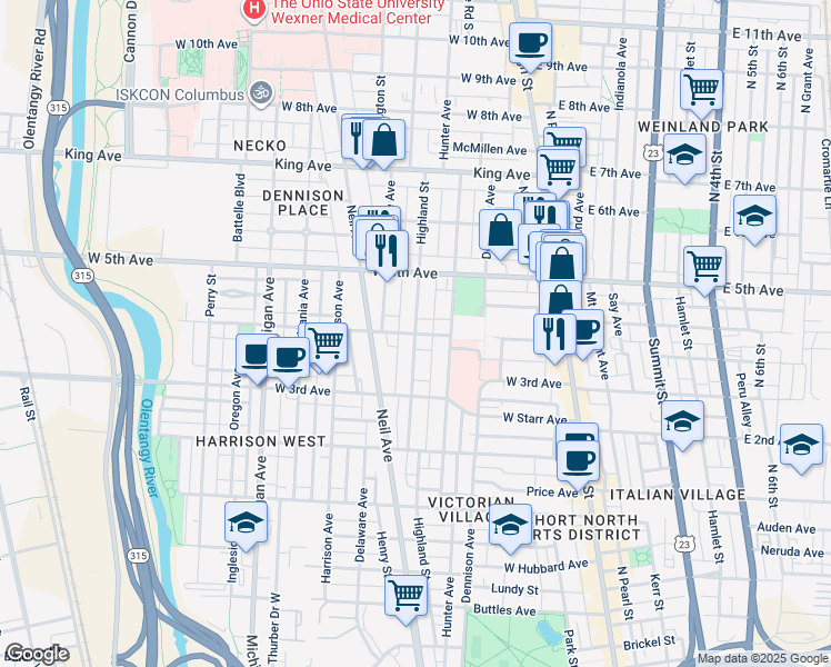 map of restaurants, bars, coffee shops, grocery stores, and more near Highland Street in Columbus
