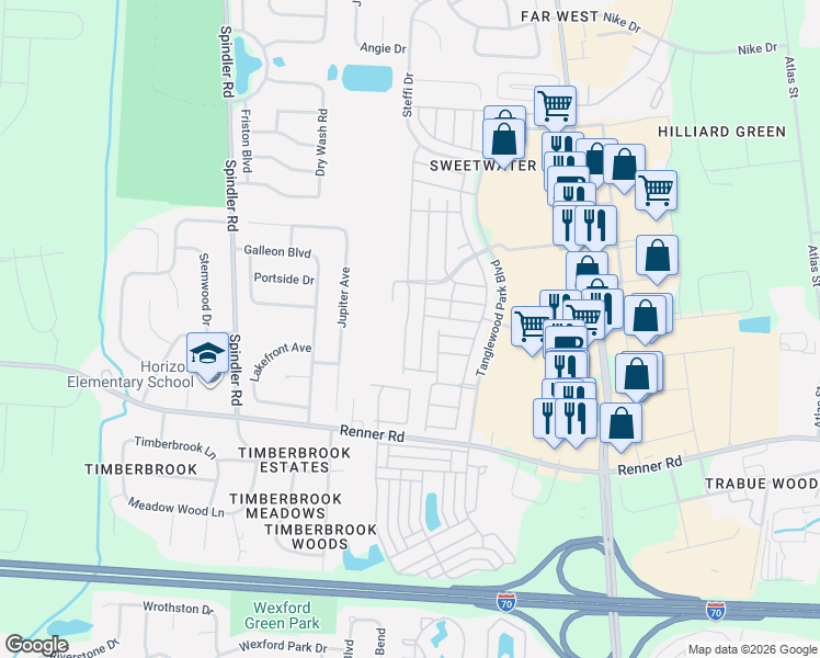 map of restaurants, bars, coffee shops, grocery stores, and more near 1742 Ridgebury Drive in Hilliard