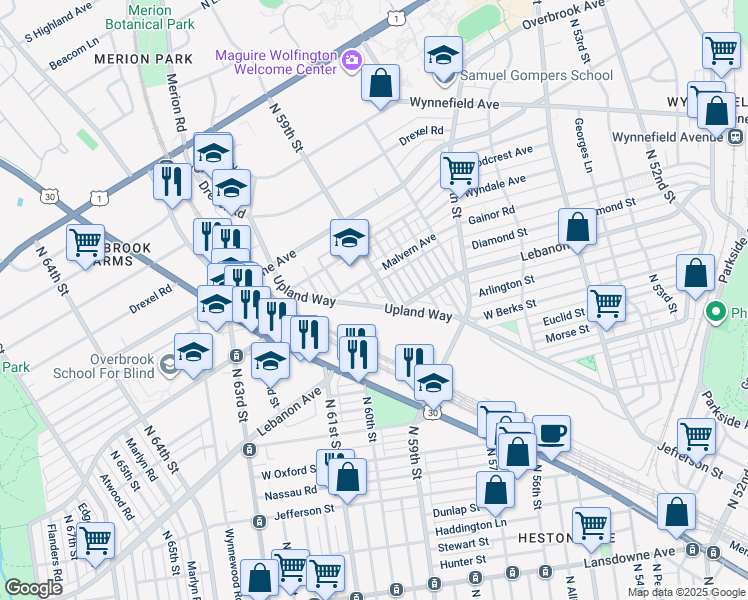 map of restaurants, bars, coffee shops, grocery stores, and more near 5919 Upland Way in Philadelphia