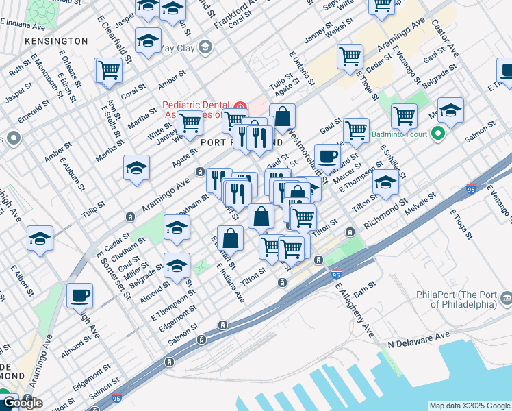 map of restaurants, bars, coffee shops, grocery stores, and more near 3147 Belgrade Street in Philadelphia