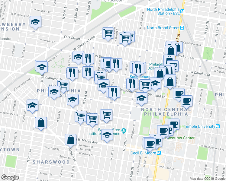 map of restaurants, bars, coffee shops, grocery stores, and more near in Philadelphia