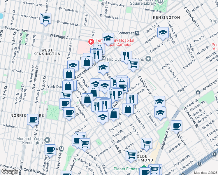 map of restaurants, bars, coffee shops, grocery stores, and more near 2022 East Sergeant Street in Philadelphia