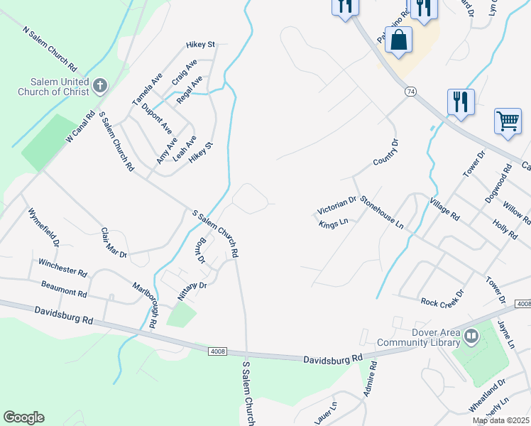 map of restaurants, bars, coffee shops, grocery stores, and more near 2722 Genna Circle in Dover