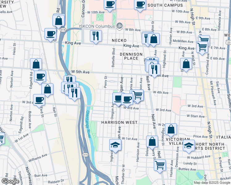 map of restaurants, bars, coffee shops, grocery stores, and more near 443 W 4th Ave in Columbus