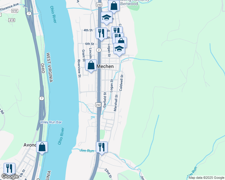map of restaurants, bars, coffee shops, grocery stores, and more near 1112 Logan Street in McMechen