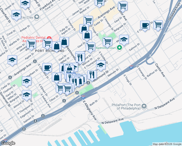 map of restaurants, bars, coffee shops, grocery stores, and more near 3322 Tilton Street in Philadelphia