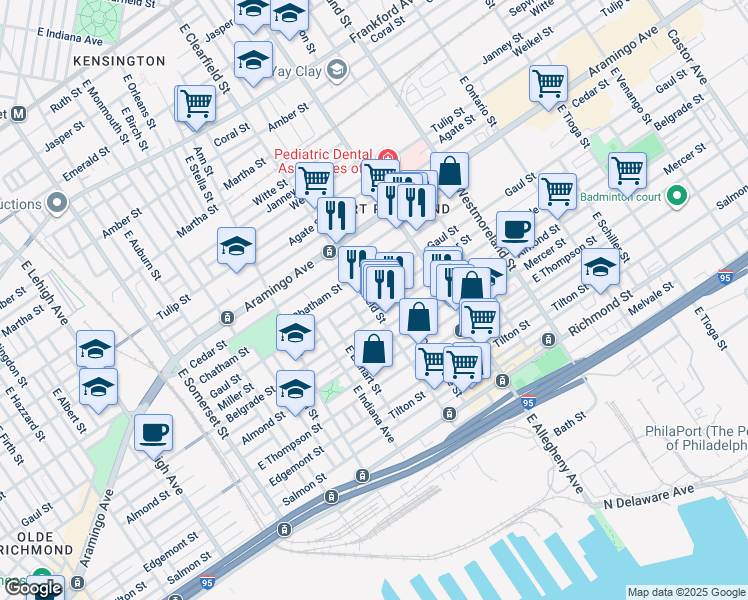 map of restaurants, bars, coffee shops, grocery stores, and more near 2517 East Clearfield Street in Philadelphia