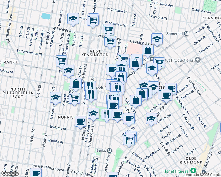 map of restaurants, bars, coffee shops, grocery stores, and more near 2320 North Howard Street in Philadelphia