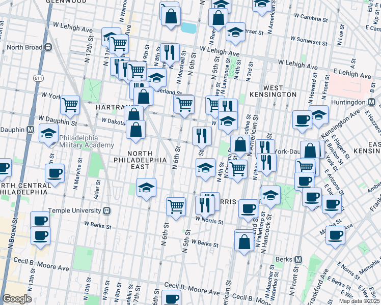 map of restaurants, bars, coffee shops, grocery stores, and more near 2238 North Reese Street in Philadelphia