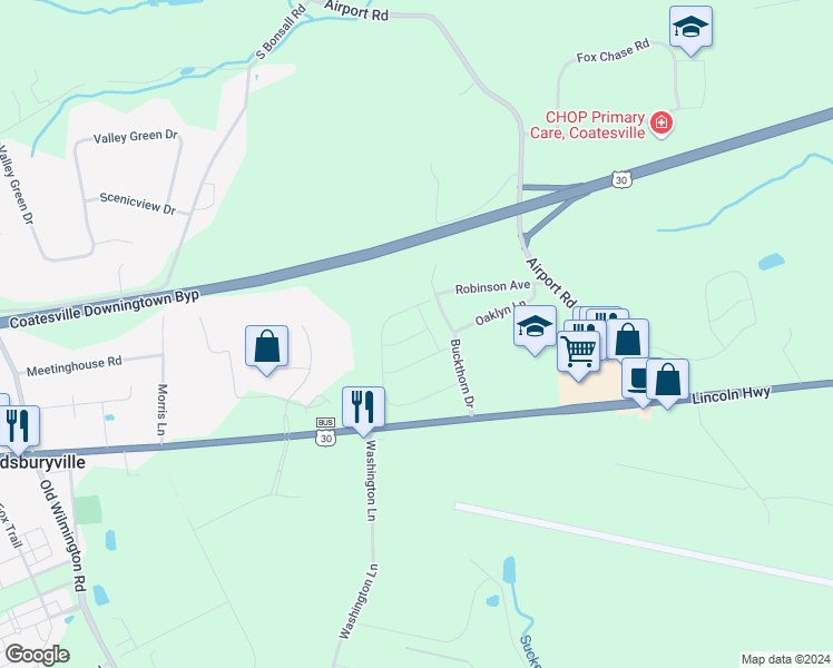map of restaurants, bars, coffee shops, grocery stores, and more near 225 Bardel Drive in Coatesville