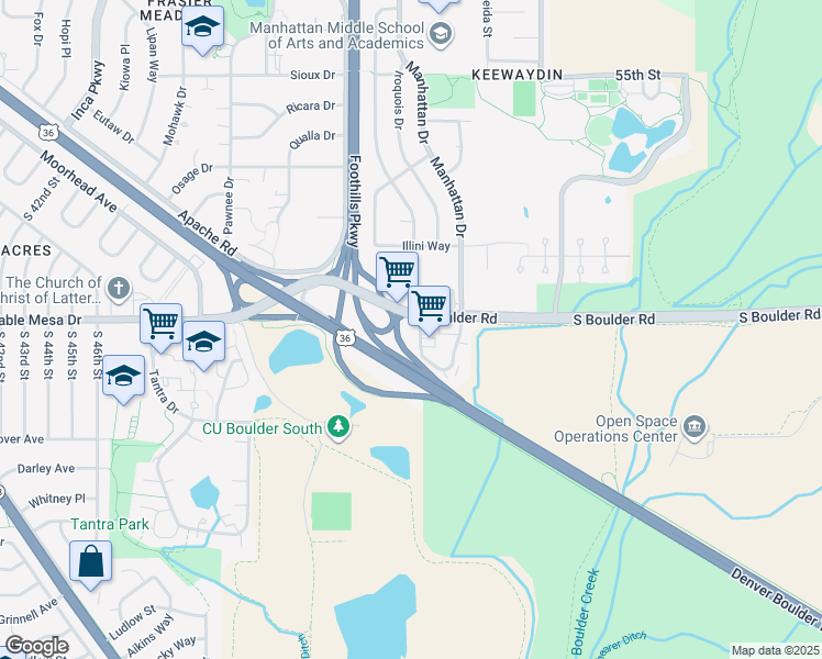 map of restaurants, bars, coffee shops, grocery stores, and more near 5190 South Boulder Road in Boulder