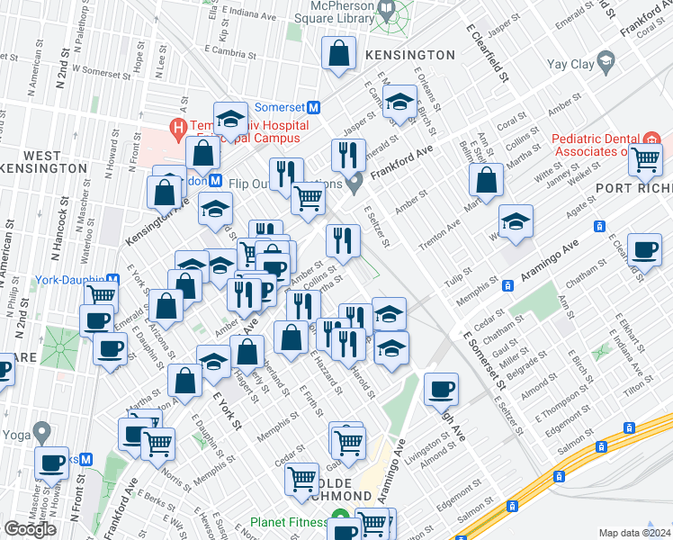 map of restaurants, bars, coffee shops, grocery stores, and more near 2695 Collins Street in Philadelphia