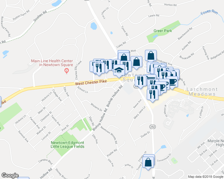 map of restaurants, bars, coffee shops, grocery stores, and more near 3720 School Lane in Delaware County