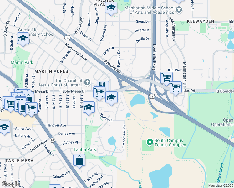 map of restaurants, bars, coffee shops, grocery stores, and more near 4790 Table Mesa Drive in Boulder