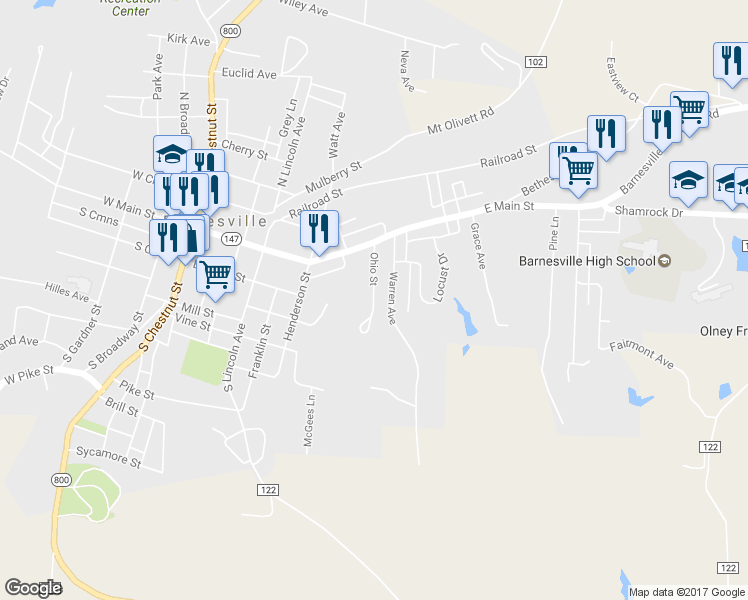 map of restaurants, bars, coffee shops, grocery stores, and more near 151 Ohio Street in Barnesville