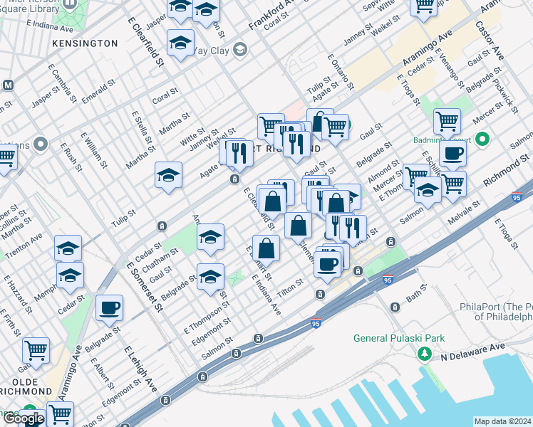 map of restaurants, bars, coffee shops, grocery stores, and more near 2517 East Clearfield Street in Philadelphia