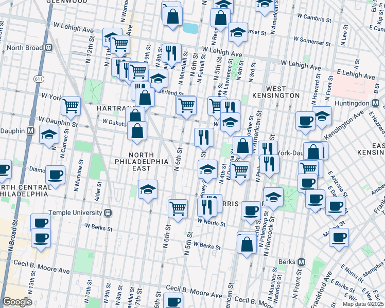 map of restaurants, bars, coffee shops, grocery stores, and more near 2238 North Reese Street in Philadelphia