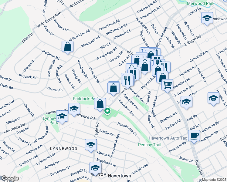 map of restaurants, bars, coffee shops, grocery stores, and more near 143 West Hillcrest Avenue in Havertown