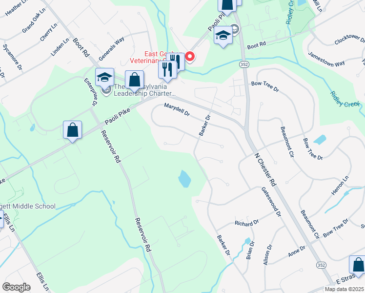 map of restaurants, bars, coffee shops, grocery stores, and more near 1508 Wilson Lane in West Chester
