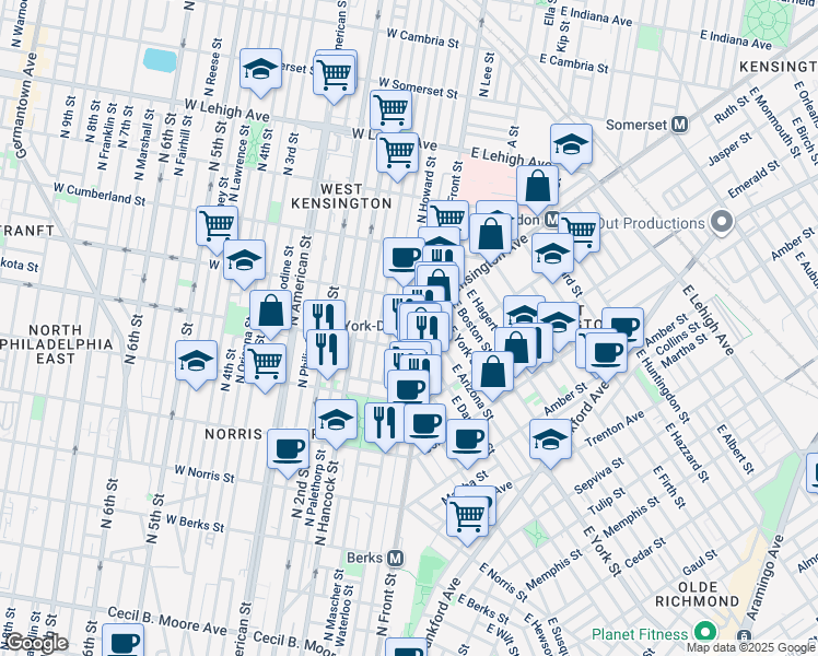 map of restaurants, bars, coffee shops, grocery stores, and more near 2323 North Howard Street in Philadelphia