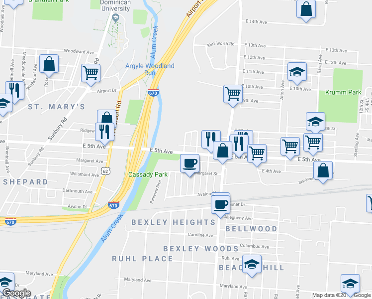 map of restaurants, bars, coffee shops, grocery stores, and more near 2584 East 5th Avenue in Columbus
